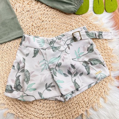 Conj. Blusa Manga Longa Folhas Bordadas e Short Folhagem - Verde Musgo